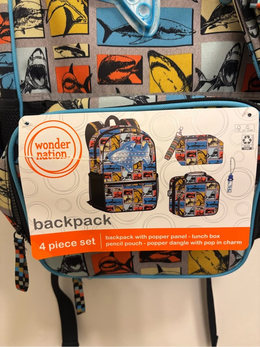 wonder nation Multicolor Shark Popper Backpack Set with Blue Trim